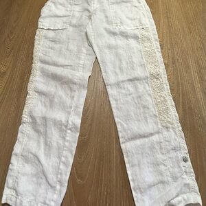 Anthropologie Hei Hei Marlena 100% linen cropped pants with crochet lace trim